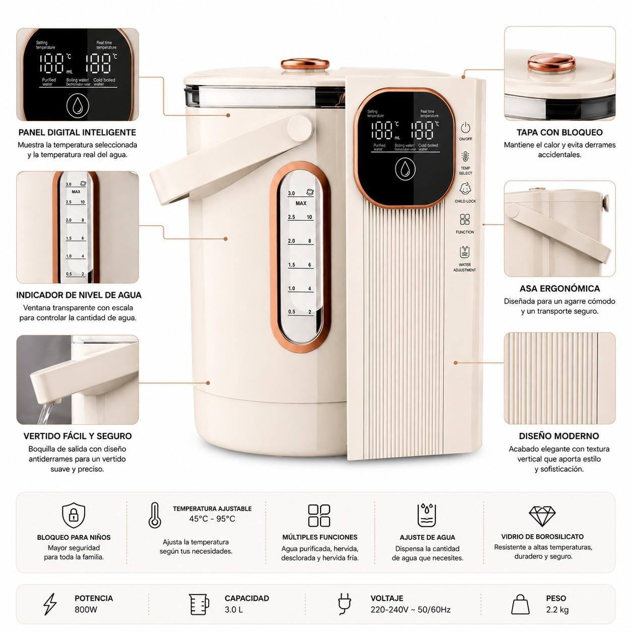 Hervidor Eléctrico Inteligente 3 Litros Digital Moderno