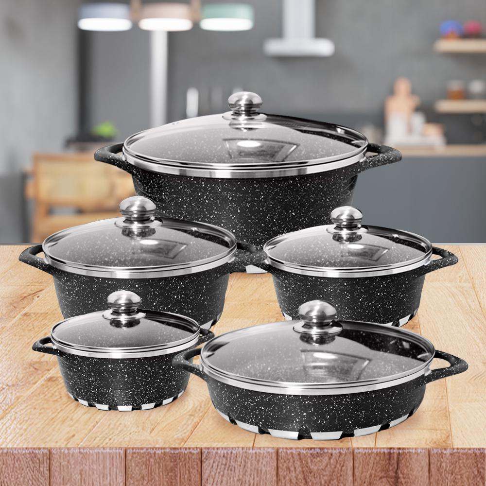 Batería Cocina 10 Piezas Altas Granito Antiadherente Negra