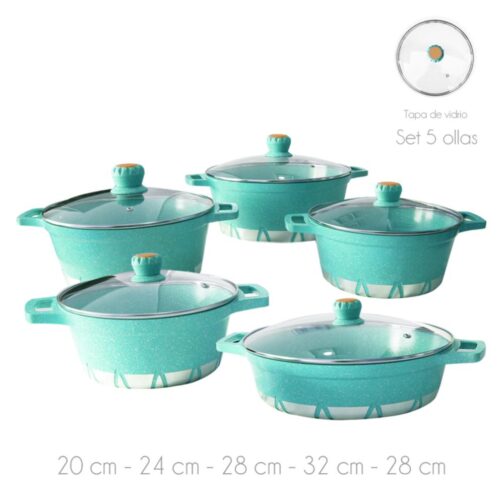 Batería de Cocina 10 Piezas Altas Granito Antiadherente Verde Agua - Imagen 2