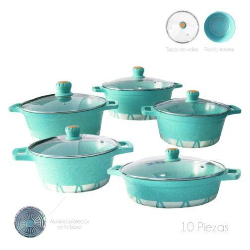 Batería de Cocina 10 Piezas Altas Granito Antiadherente Verde Agua - Imagen 3