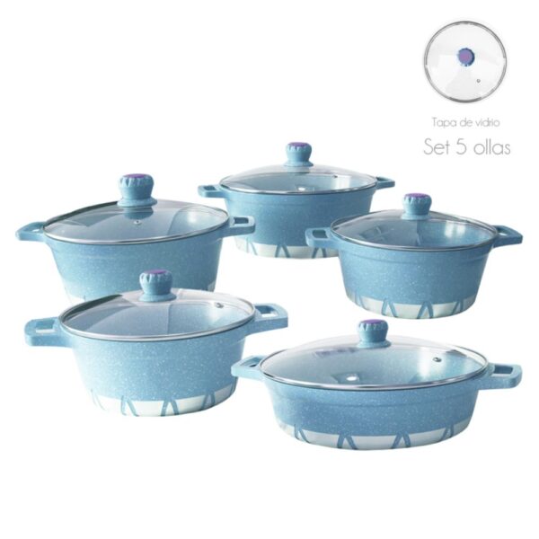 Batería de Cocina 10 Piezas Altas Granito Antiadherente Celeste