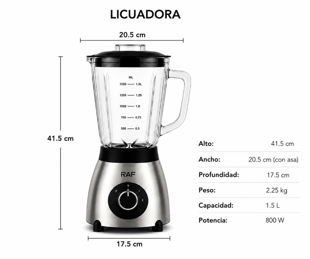 Licuadora 3 en 1 Vaso Vidrio Molinillo y Acero Inox 1000W