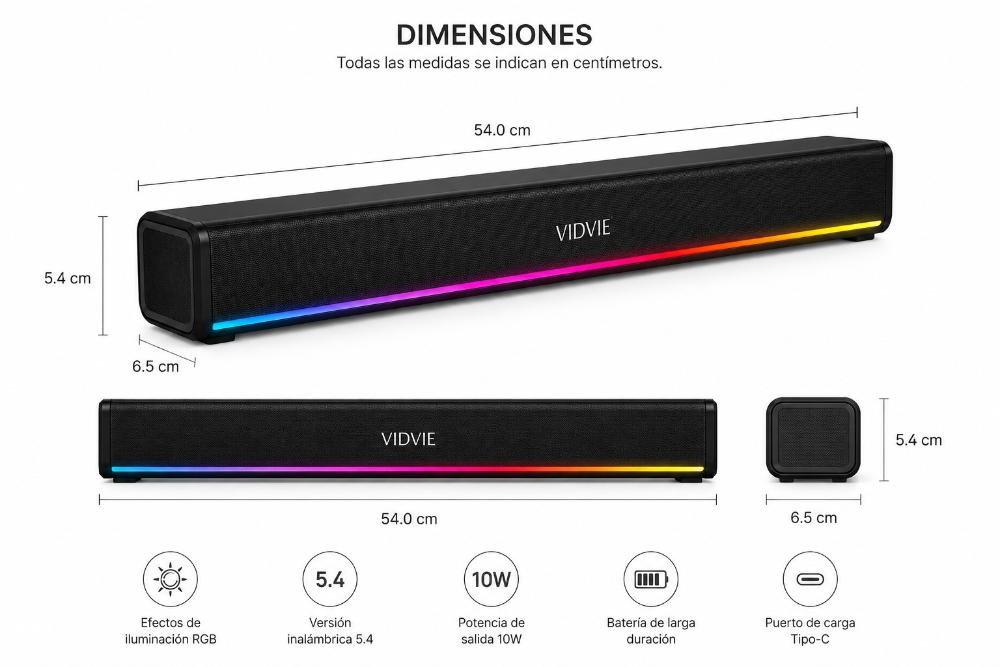 Barra de Sonido Bluetooth RGB Speaker Gamer USB Tipo C 10W